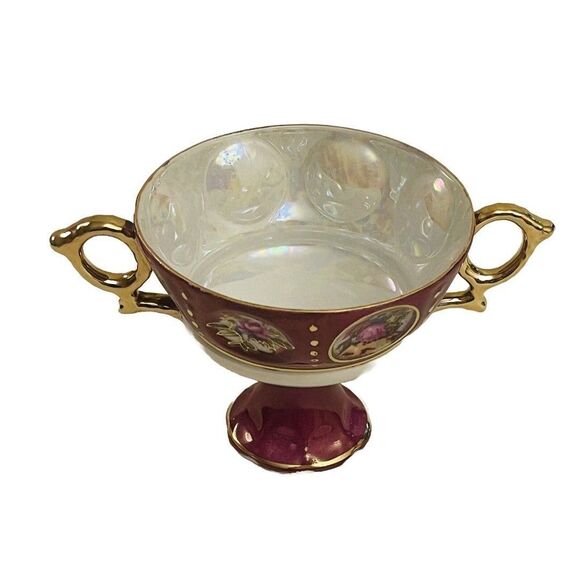 Royal Sealy China Double Handle Footed Cup Lusterware Dancing Couple Roses VTG - Picture 2 of 11